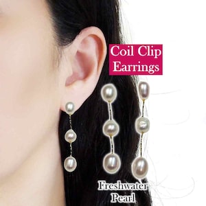 Dangle Bridal Pearl Clip On Earrings, White Freshwater Pearl Coil Clip-On Earrings, Comfortable Long Gold Chain Clip Earrings for Women