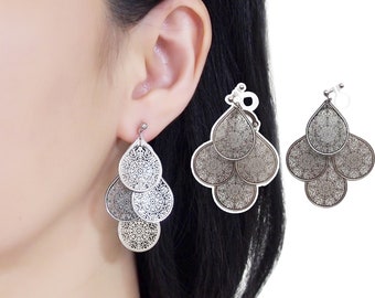 Invisible Clip-On Earrings – Gold Teardrop Filigree Dangle Earrings For Non-Pierced Ears (Looks Like Pierced!)