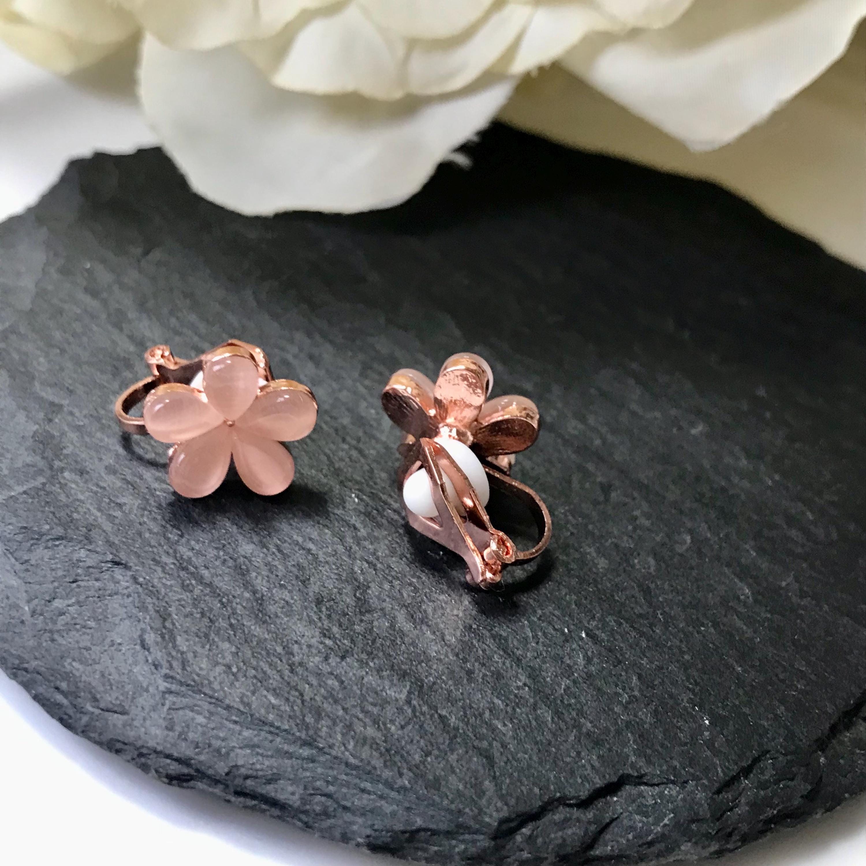 Dainty Pink Cherry Blossom Invisible Clip on Earrings, Small