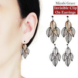 Dangle Leaf Invisible Clip On Earrings, Drop Gold Clip On Earrings, Not Pierced Earrings, Filigree Clip-On Earrings For Women, Gift For Her