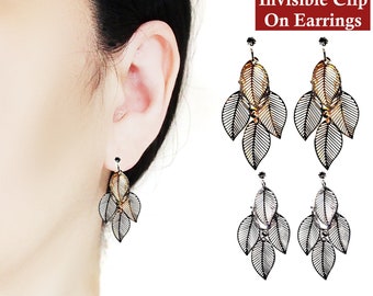 Clip invisible Dangle Leaf sur boucles d’oreilles, Drop Gold Clip sur boucles d’oreilles, boucles d’oreilles non percées, boucles d’oreilles clip-on en filigrane pour femmes, cadeau pour elle