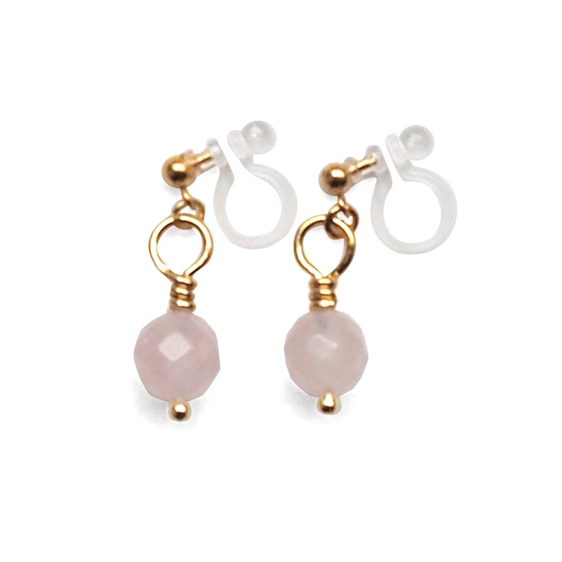 Drop Genuine Gemstone Clip On Earrings Pink Rose Quartz Invisible Clip On Earrings Non Pierced Earrings Minimal Gold Clip-Ons