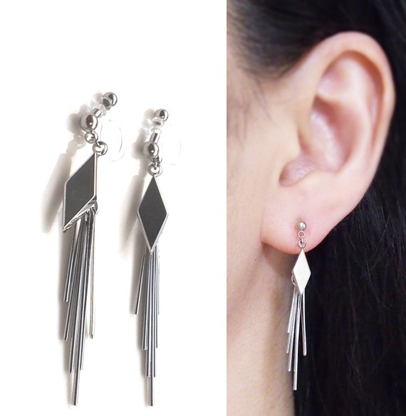 Boucles D'oreilles Modernistes Vintage à Clip - En Métal Argenté, Signature Au Dos - Occasion