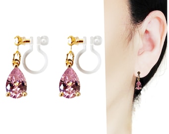 Roze Cubic Zirconia Bengelen Clip Op Oorbellen, Crystal CZ Teardrop Onzichtbare Clip Op Oorbellen, Niet Doorboorde Oorbellen, Sierlijke Bruids Oorbellen