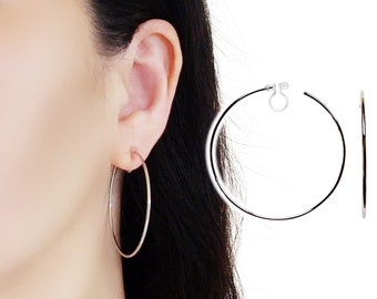 Big 50mm Clip On Hoop Earrings,Silver Hoop Earrings,Large Hoops Invisible Clip On Earrings,Non Pierced Earrings,Comfortable Silver Hoops