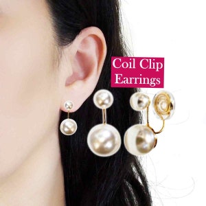 Double White Pearl Clip On Earrings, Gold Clip On Earrings, Coil Non Pierced Earrings, Comfortable Silicone Cushion Pad Clip On Earrings
