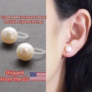 Freshwater pearl clip on earrings Grade AAA, bridal white pearl invisible clip on earrings, wedding pearl clip on stud non pierced earrings