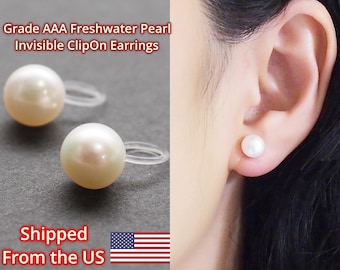 Freshwater pearl clip on earrings Grade AAA, bridal white pearl invisible clip on earrings, wedding pearl clip on stud non pierced earrings