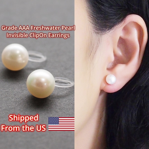 Freshwater pearl clip on earrings Grade AAA, bridal white pearl invisible clip on earrings, wedding pearl clip on stud non pierced earrings