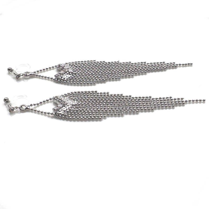 invisible clip on earrings non pierced earrings Silver fringe clip on earrings long chain clip on earrings dangle clip on earrings