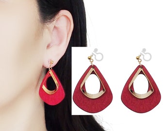 Red Wood Invisible Clip On Earrings, Gold Hoop Invisible Clip On Earrings Dangle, Non Pierced Earrings, Red Hoop Clip-On Earrings