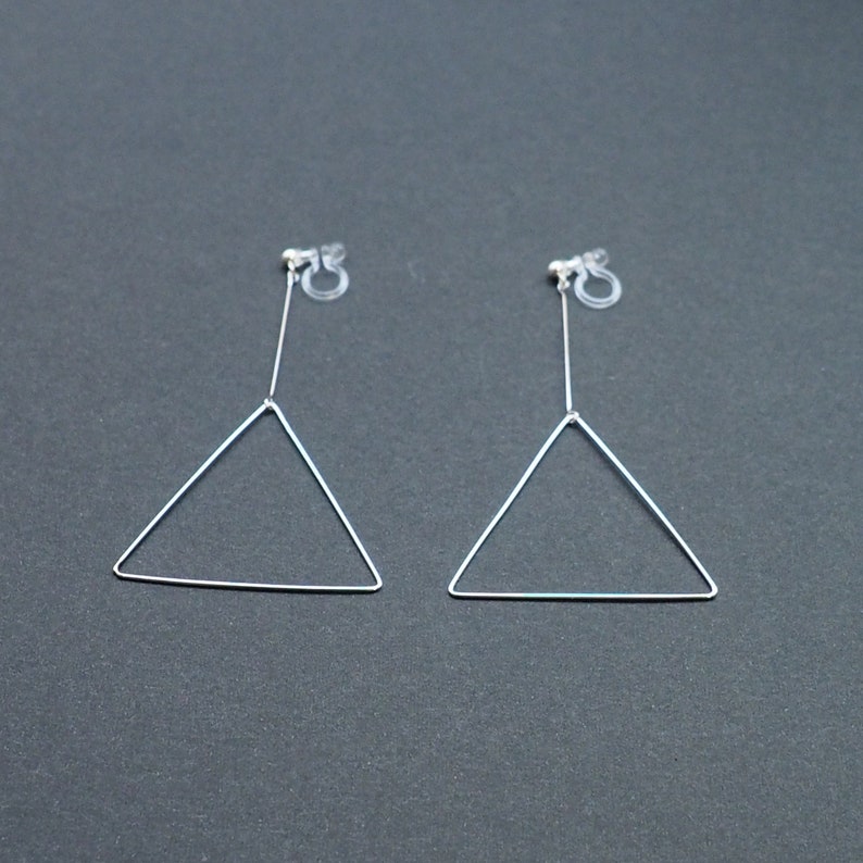 Silver clip on hoop earrings large triangle hoops invisible clip on earrings dangle long lightweight clip earrings, non pierced earrings image 7