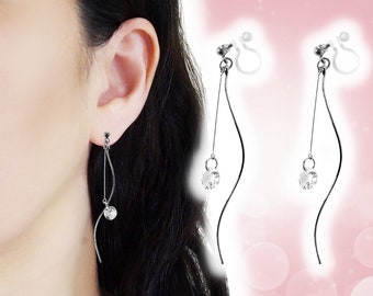 Dangle Silver Wave Bar Cubic Zirconia CZ Crystal Invisible Clip On Earrings, Non Pierced Earrings, Comfortable Pierced Look Clip On Earrings