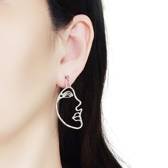 Picasso Face Clip on Earrings Silver Side Human Face Invisible