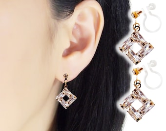 Clip On Earrings Dangle Invisible Gold Pearl Zircon Square |New Pain Free Clip-on Drop |Non Pierced Ears| Cubic Zirconia |CZ Bridal