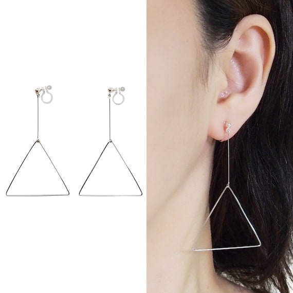 Silver clip on hoop earrings large triangle hoops invisible | Etsy