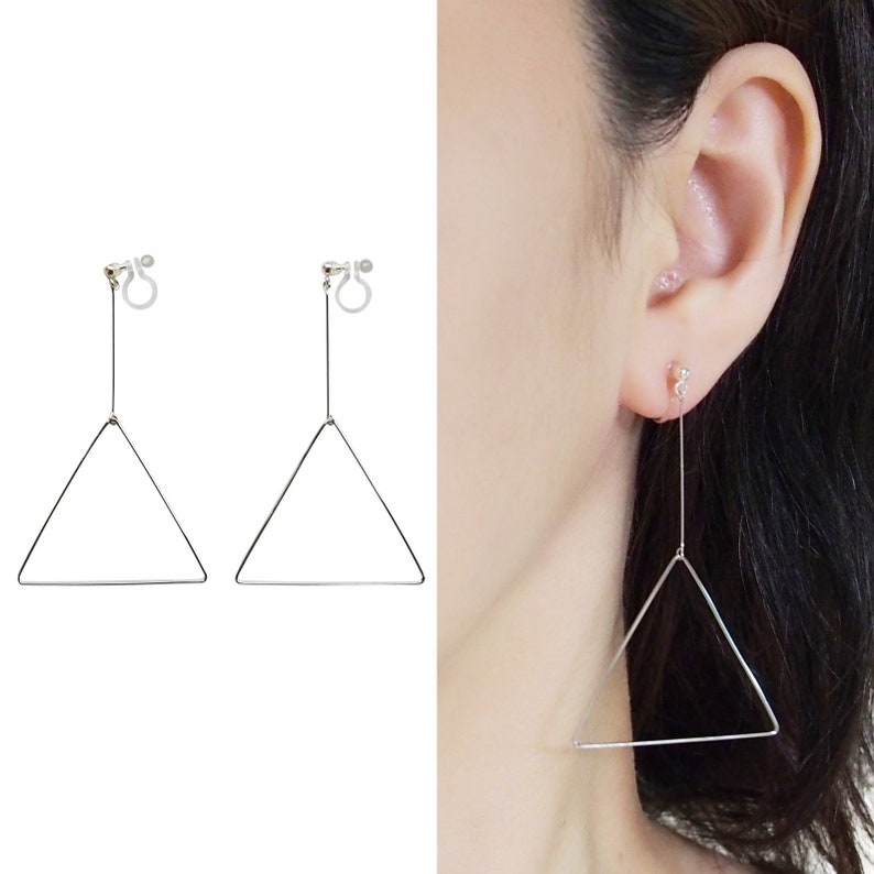 Silver clip on hoop earrings large triangle hoops invisible clip on earrings dangle long lightweight clip earrings, non pierced earrings image 1