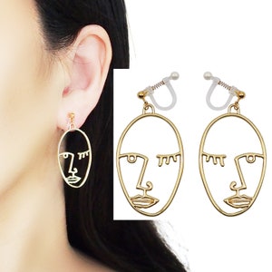 Face clip on earrings dangle, Picasso face Drop invisible clip on earrings, gold wink human face clip on earrings, abstract clip-on earrings