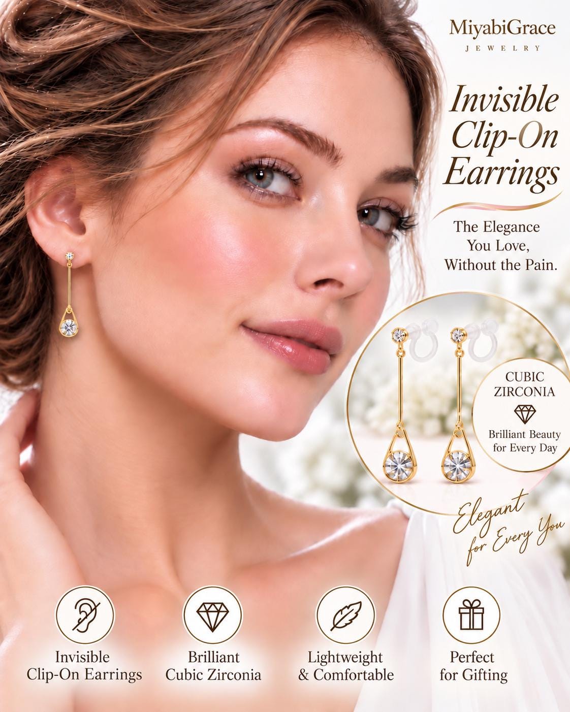 CZ Clip on Earrings Dangle, Long Cubic Zirconia Crystal Invisible