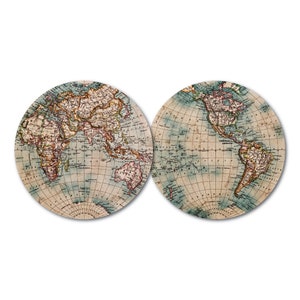 May include: Two vintage world maps printed on round wooden plaques. The maps are in shades of blue, green, brown, and red. The maps are divided into two hemispheres, with the Americas on one plaque and Asia, Africa, and Australia on the other.