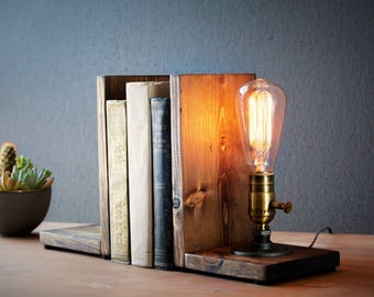 Bookend lamp/Rustic home decor/Industrial lamp/Steampunk light/Unique lamp/Housewarming/Gift for Men & Book lover/Desk accessories