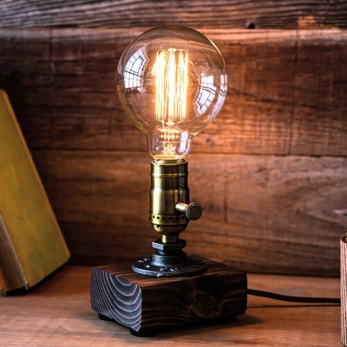Industrial Steampunk bookend table pipe lamp with Classic Edison bulb and oak wood base 