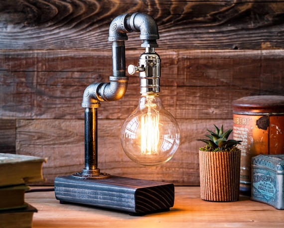 Retro Industrial Pipe Desk Lamp steampunk style with vintage edison bulb 