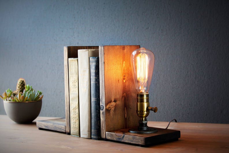 Bookend lamp/Rustic home decor/Industrial lamp/Steampunk light/Unique lamp/Housewarming/Gift for Men & Book lover/Desk accessories image 1