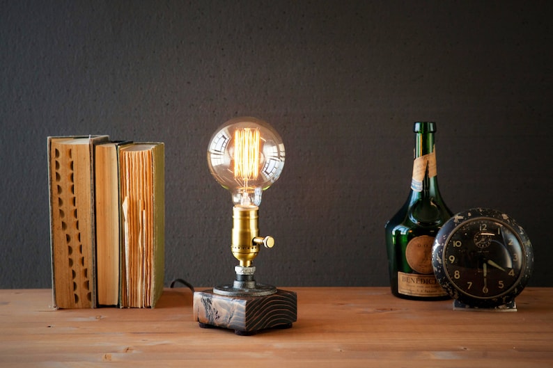 Henry Unique Wood Table lamp-Desk lamp-Edison Steampunk-Rustic home decor-Farmhouse decor-Home decor-Desk accessories-Industrial lighting image 1