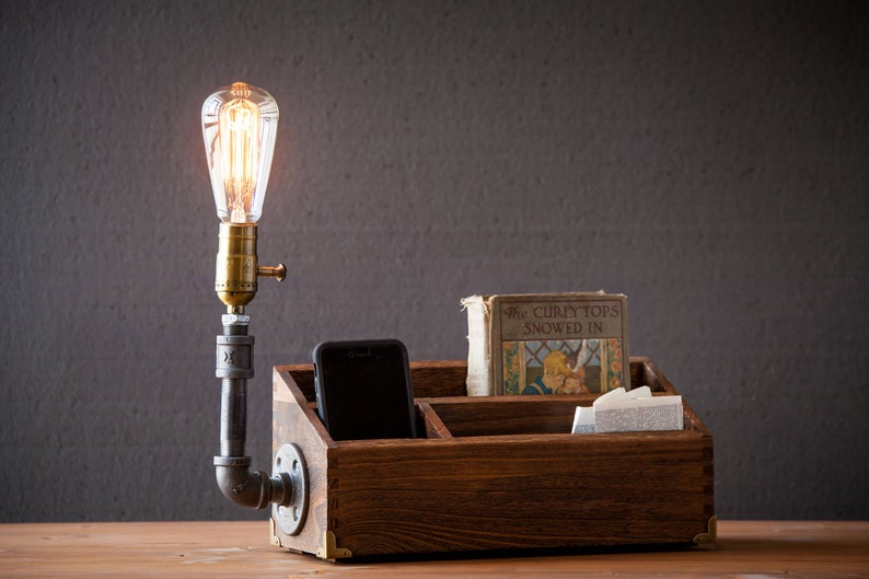 Fathers day gift/Rustic Desk Organizer lamp/Docking station/Rustic home decor/Steampunk Lamp/Table Lamp/Edison Light /Bedside Lamp 