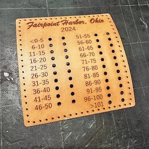 May include: A brown leather card with the text "Fairpoint Harbor, Ohio 2024" and a grid of numbers from 0 to 101. The card is used for tracking fishing catches.