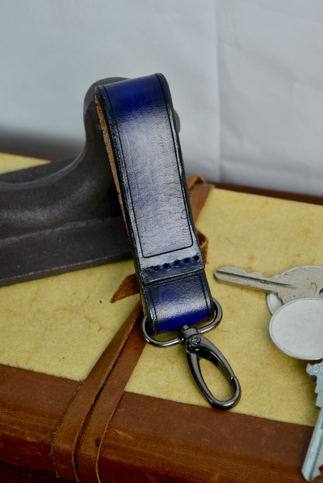 Dangler Keychain EDC Belt Loop Leather Blue Black Etsy