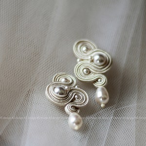 Romantische Braut Soutache Ohrringe, Ellegant Hochzeit Perlen Ohrringe, handgemachte Braut Ohrringe, Elfenbein Bild 2