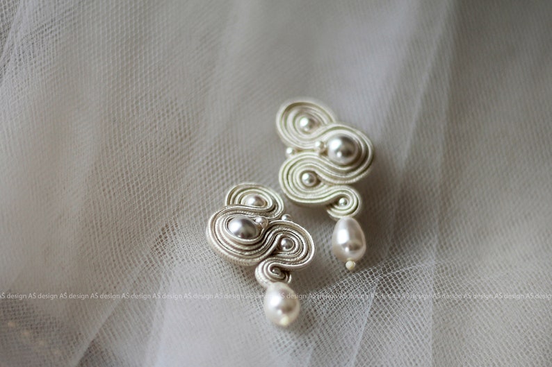 Romantische Braut Soutache Ohrringe, Ellegant Hochzeit Perlen Ohrringe, handgemachte Braut Ohrringe, Elfenbein Bild 2