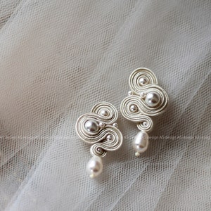 Romantic Bridal Soutache Earrings , Ellegant Wedding Pearl Earrings, Handmade bridal earrings, IVORY image 3