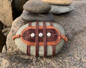 Leather Wrapped Rock,Medium Meditation Stone, Zen Rock “Leather n Lotus Beads”