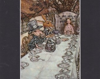 Arthur Rackham Vintage Alice in Wonderland Mad Hatter Tea Party Mounted Art Print. Perfect for Nursery or Childs Bedroom Wall Hanging Decor