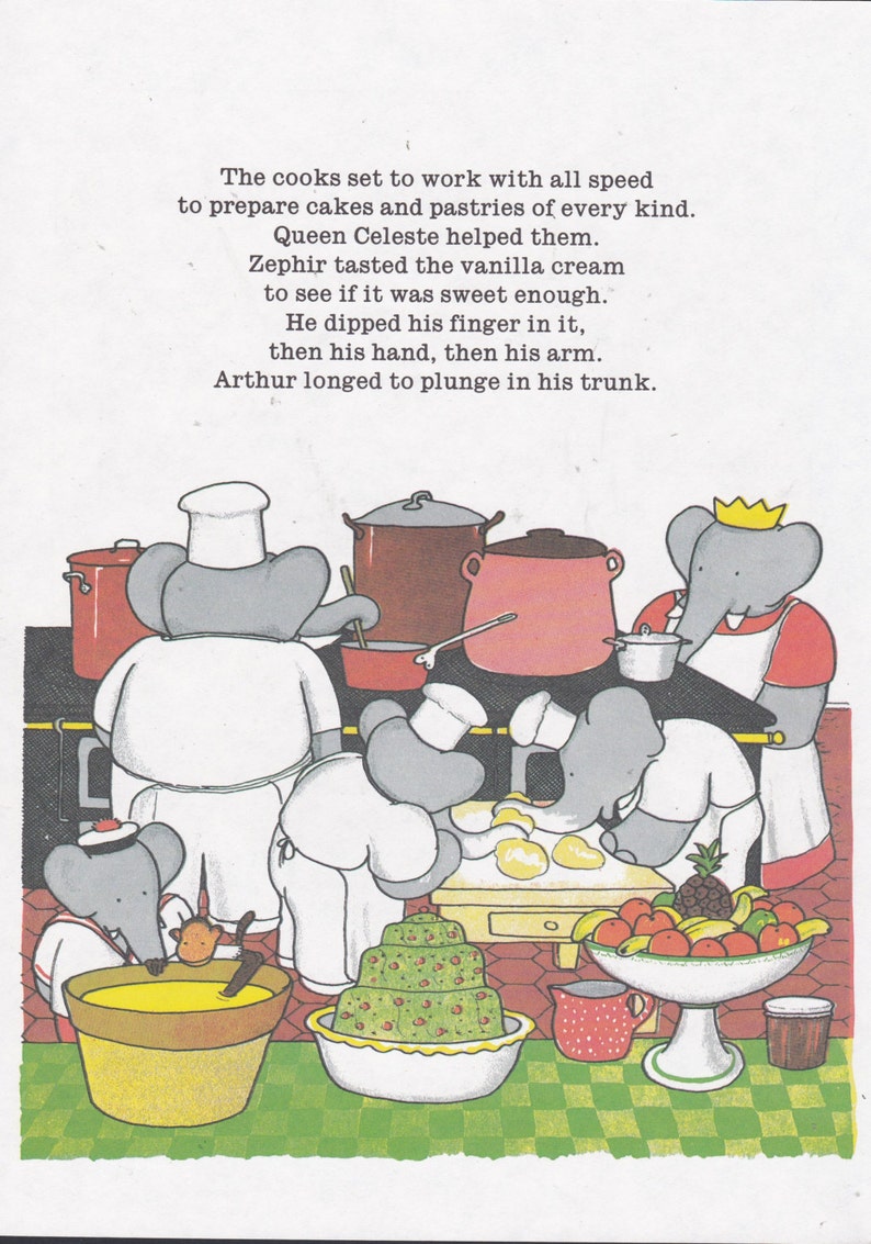 Babar the Elephant. Elephants Cook For Garden Party. Vintage Print Ready for Matting and Framing. Ideal for Nursery Decor. Jean de Brunhoff image 1