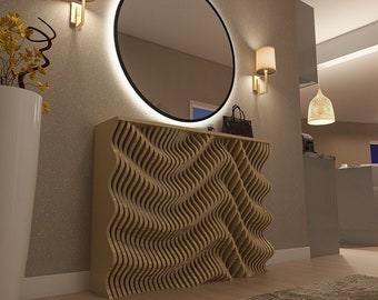 Entryway modern console table, modern home console, large and narrow living room console, modern wavy wood furniture