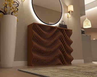 May include: A brown wooden shoe rack with a wavy design. The rack has multiple shelves and is placed in a hallway with a white vase and yellow flowers.