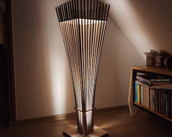 Drewniana lampa podłogowa, Duża lampa stojąca, klimatyczna lampa do salonu, Lampa skandynawska