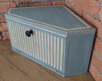 Corner Farmhouse Breadbox in grey,  Cupboard Bread Box in Rustic, Kitchen corner, Wood Bread Box