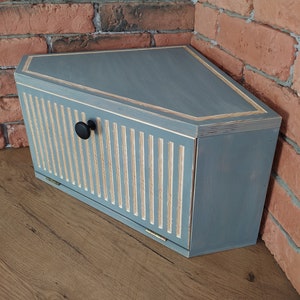 Corner Farmhouse Breadbox in grey,  Cupboard Bread Box in Rustic, Kitchen corner, Wood Bread Box