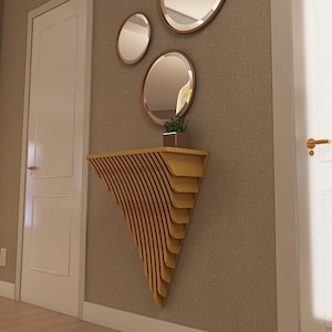 Small yellow hanging cabinet for the hallway, Small levitating mirror console, Modern yellow hallway console, Modern oval furniture