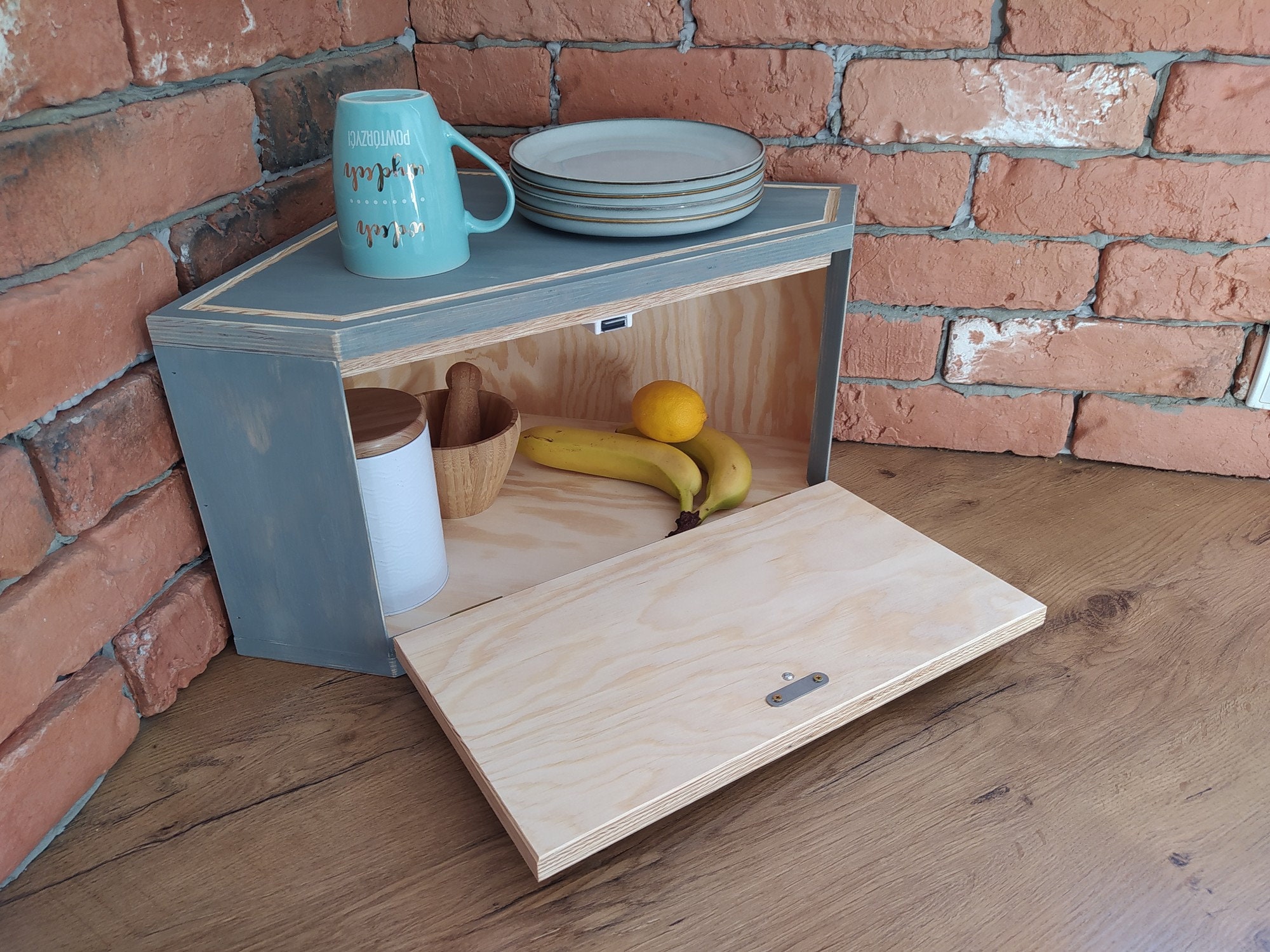 Corner Farmhouse Breadbox in Grey Cupboard Bread Box in Etsy