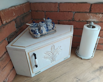 Corner Farmhouse Breadbox in grey, Cupboard Bread Box in Rustic, Kitchen corner, Wood Bread Box