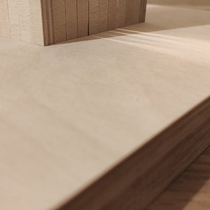 May include: Close-up of a light-colored wooden surface with a stack of thin, vertical wooden pieces. The wood has a natural grain and texture. The image is well-lit, highlighting the details of the wood.