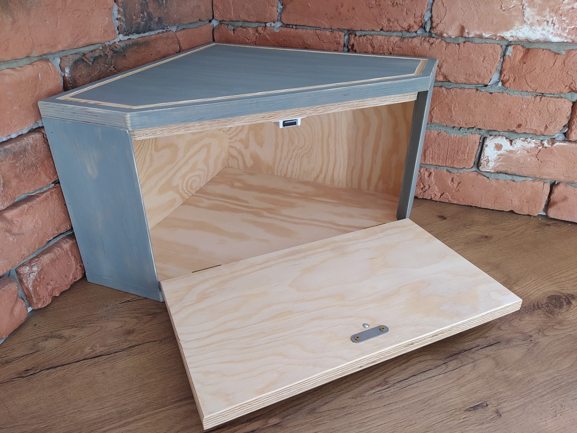 Corner Farmhouse Breadbox in Grey Cupboard Bread Box in Etsy