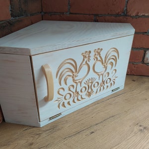 Corner Farmhouse Breadbox with a folk pattern, Corner breadbox, Kitchen corner, Wood Bread Box