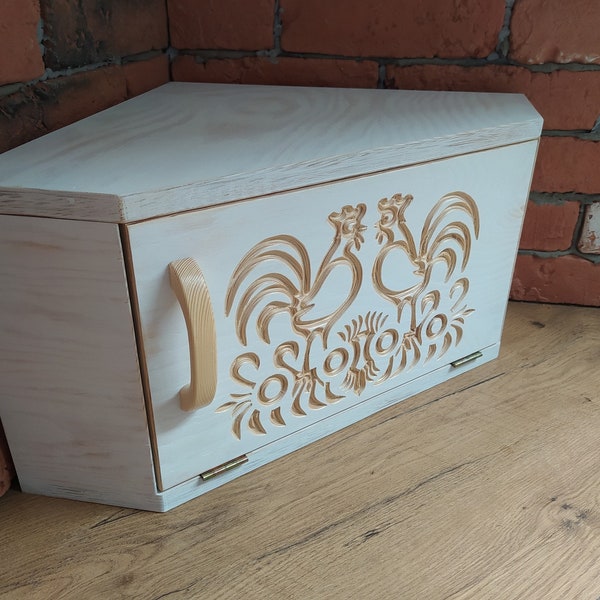 Boîte à pain de ferme d'angle avec un motif folklorique, boîte à pain d'angle, coin cuisine, boîte à pain en bois